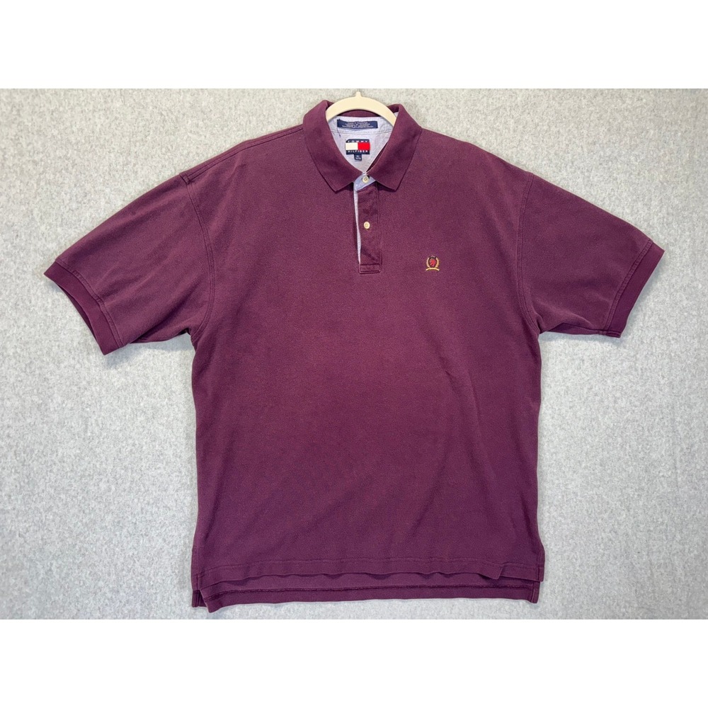Tommy Hilfiger Mens Burgundy Crest Logo Pique Cotton Polo Shirt XL Maroon